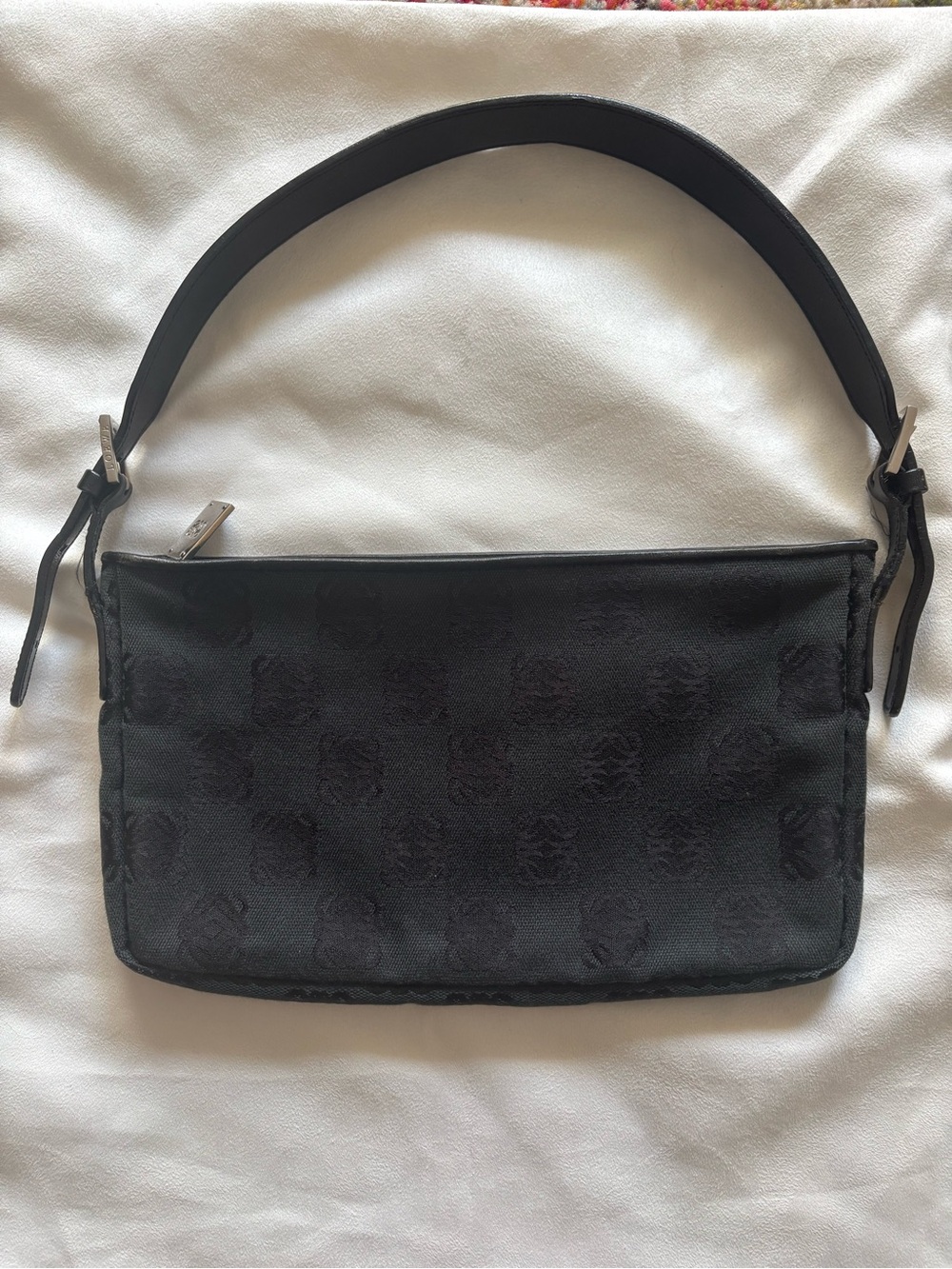 Loewe Vintage Canvas Jacquard Anagram Black Small Shoulder Bag with Leather Trim